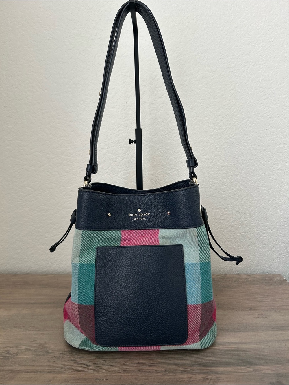 Kate Spade Marti Large Bucket Purse Gingham Check Wool Leather Shoulder Bag